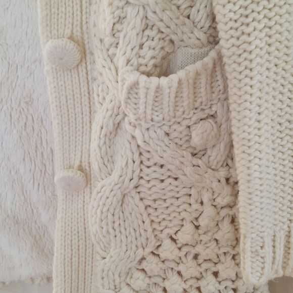 Chunky Cable Knit Hooded CARDIGAN Faux Fur Lined Sweater Tunic Length Pockets M - Picture 9 of 16